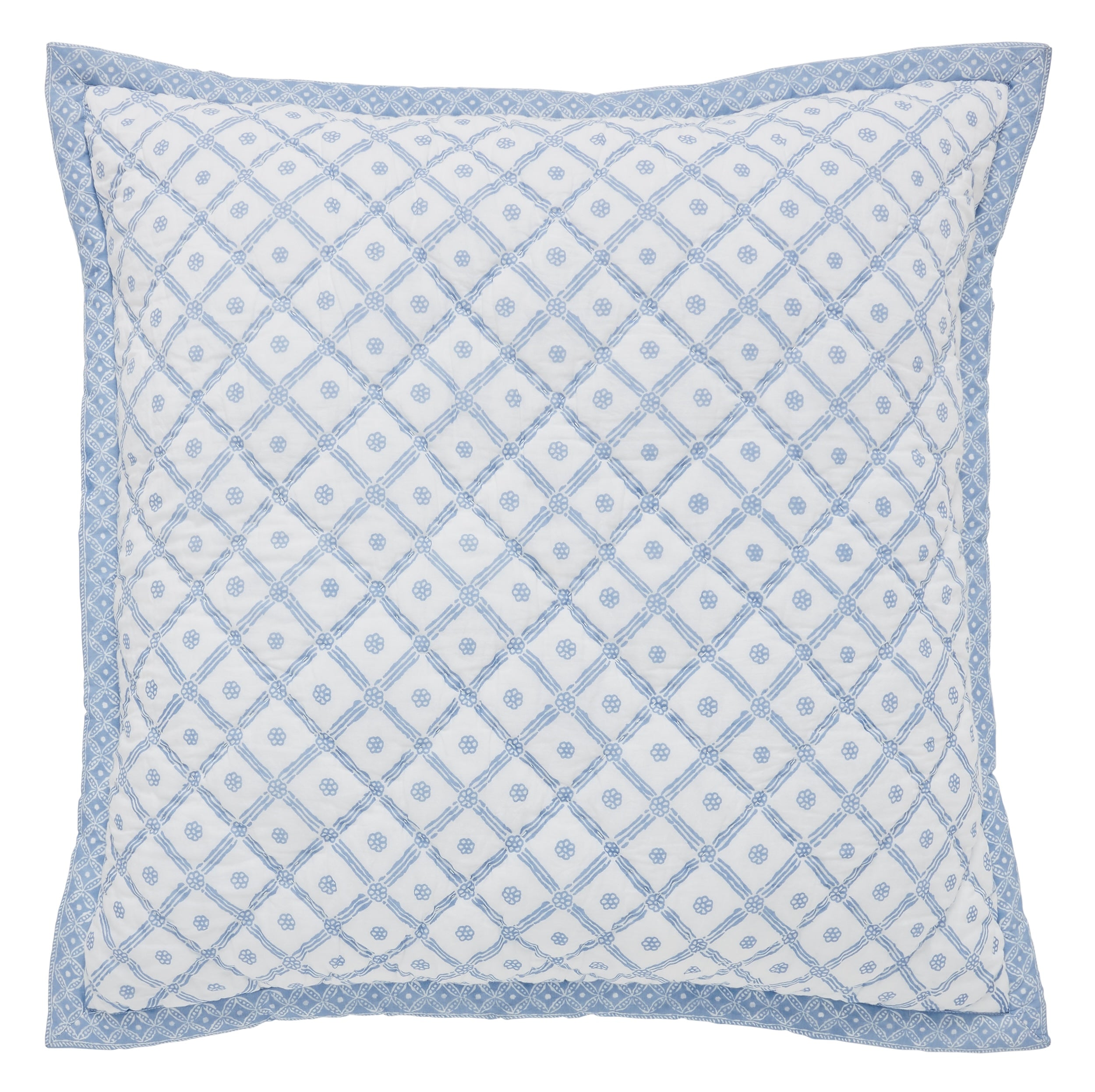 ES-345-2626_1|Vibrant white and blue patterned quilt sham with geometric and floral details, adding a fresh and charming touch to bedding.