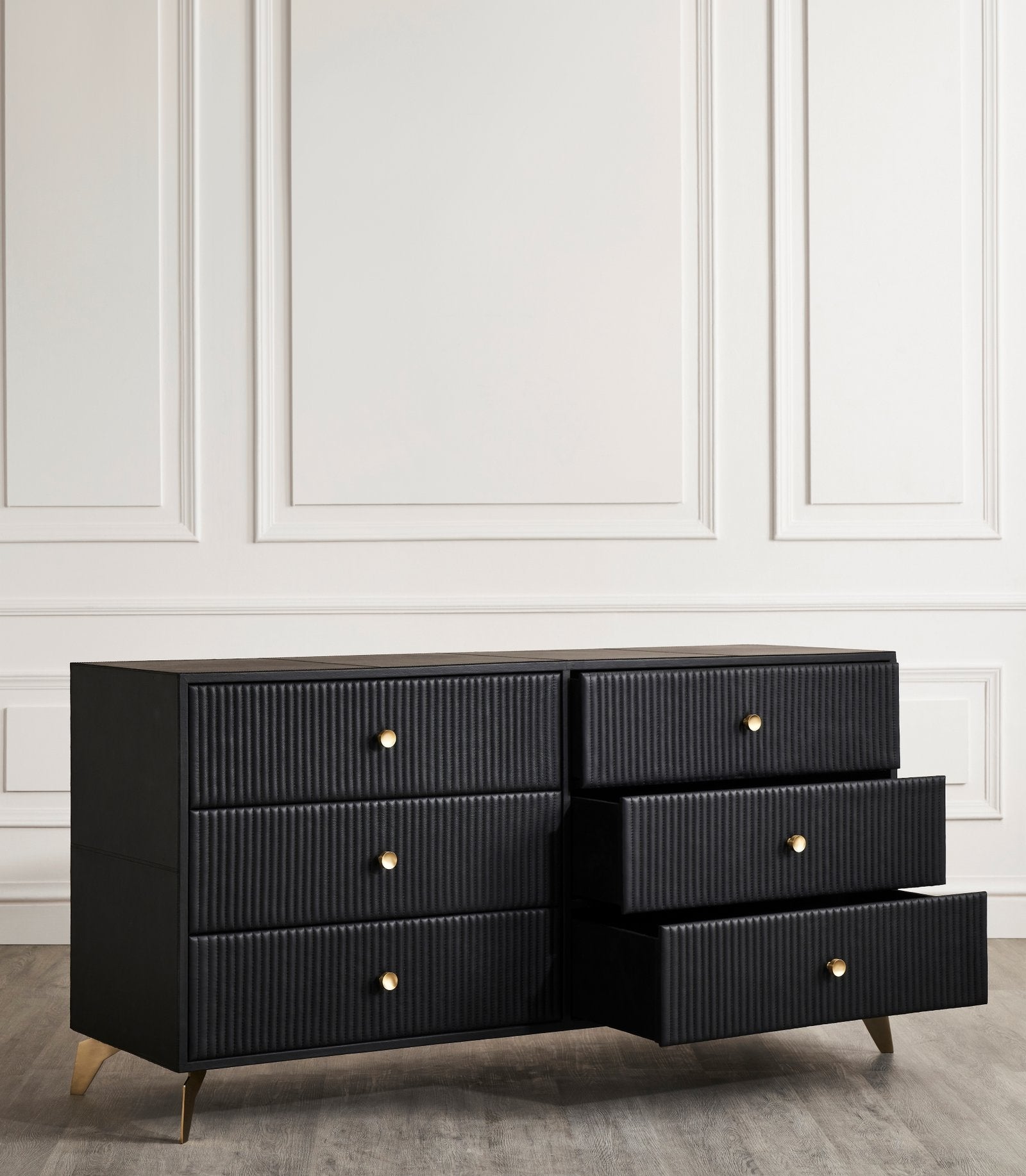 FN-5202-642033_5|Functional black modern dresser with unique fluted drawer fronts, gold knobs, and multiple open storage drawers.