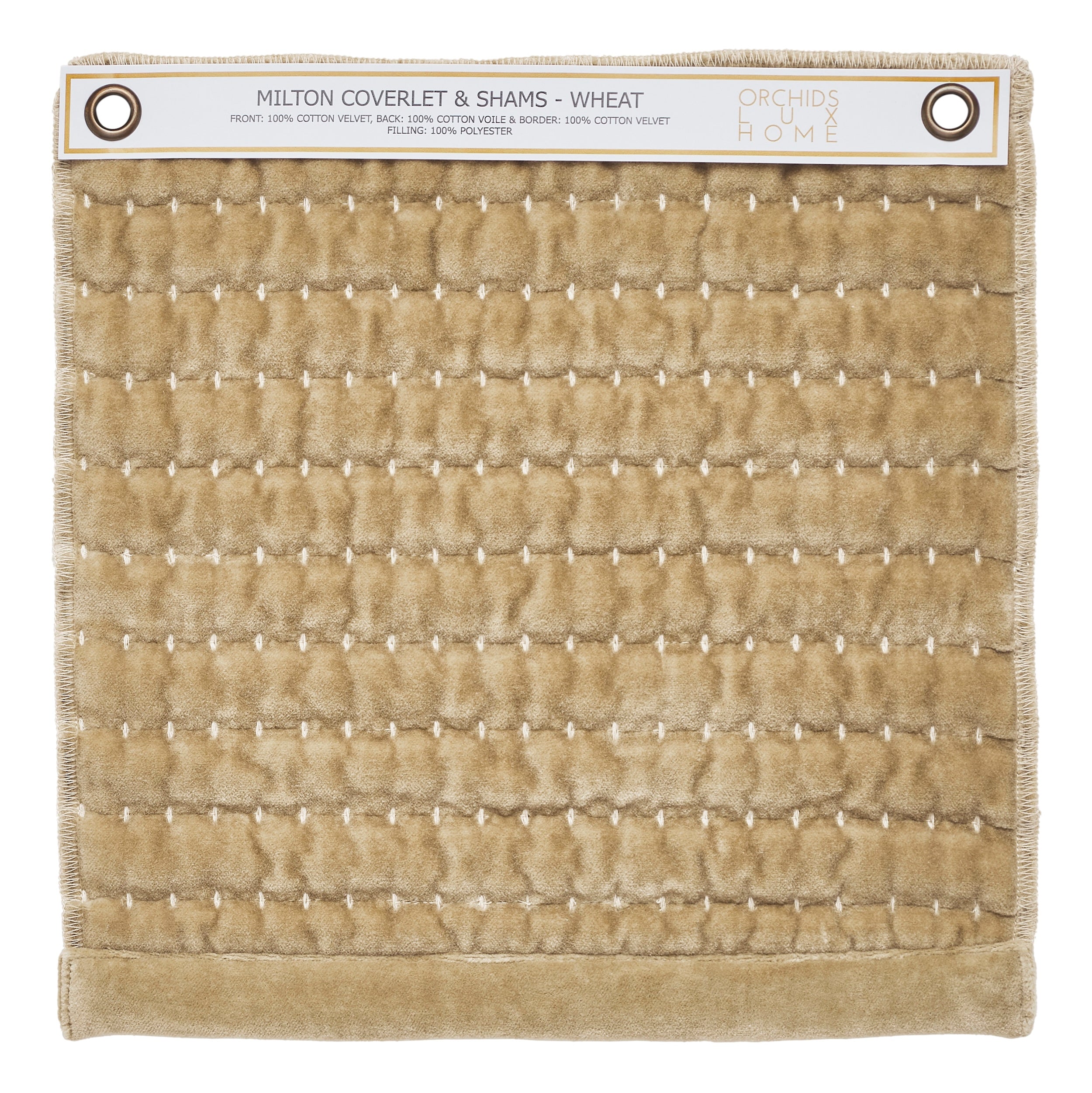 SWT-267-1010_1|Wheat-colored Milton coverlet & shams individual swatch, 100% cotton velvet with dotted texture, luxurious feel.