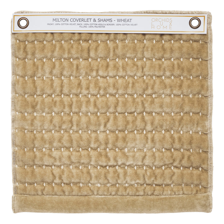 SWT-267-1010_1|Wheat-colored Milton coverlet & shams individual swatch, 100% cotton velvet with dotted texture, luxurious feel.