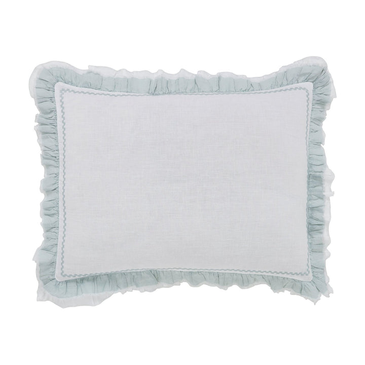 SS-029-2026_1|White duvet cover pillow sham featuring a charming light blue ruffled edge, bringing soft elegance to bedroom decor.