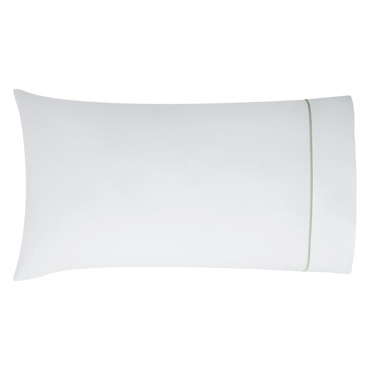 ASP-532-2032_1|Single white 100% cotton pillowcase with a fresh light green accent border. Enjoy soft, breathable, and durable cotton sheets for restful sleep.