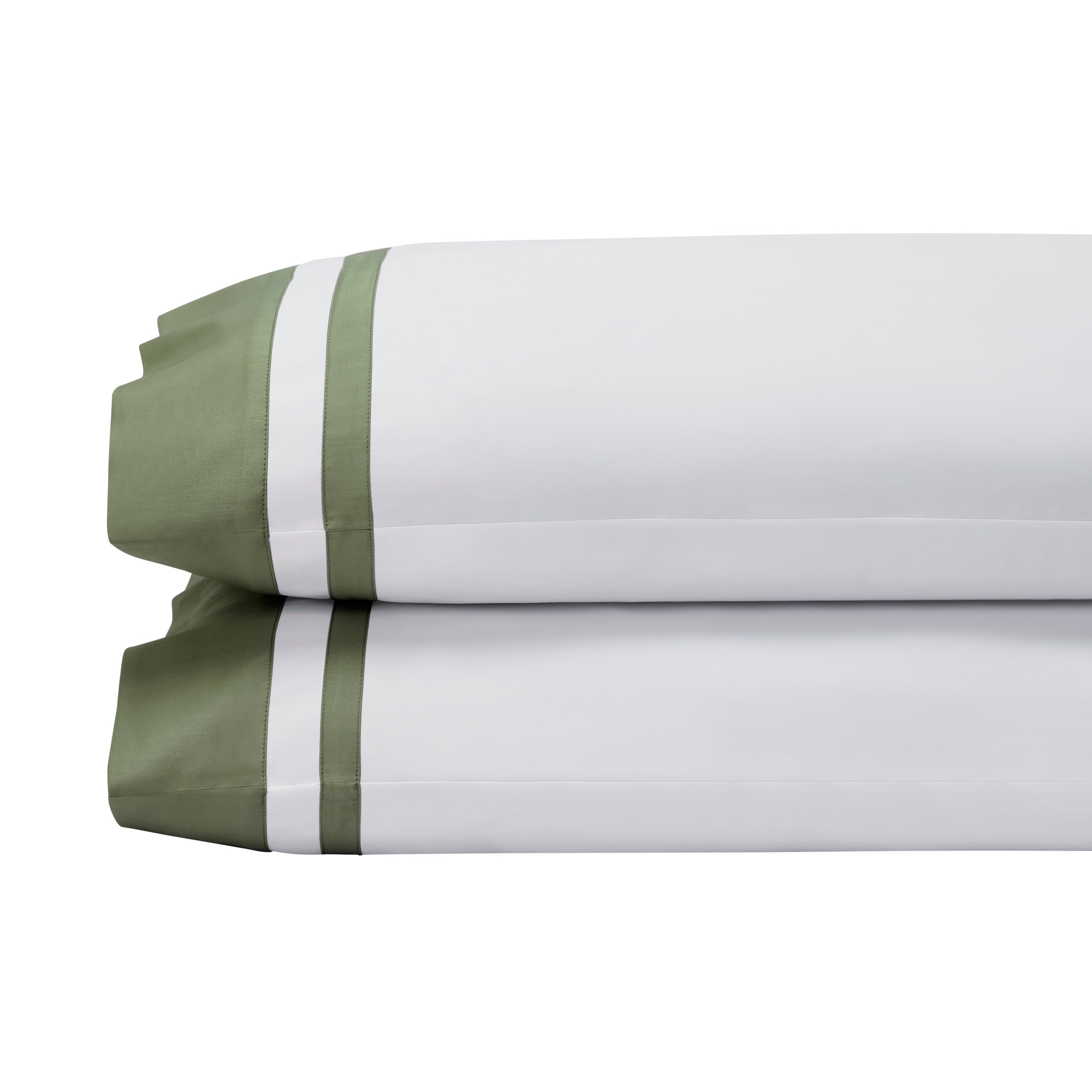 ASP-542-2032_1|Stacked pair of standard 100% cotton sateen pillowcases in white with a wide olive green border and two white stripes.