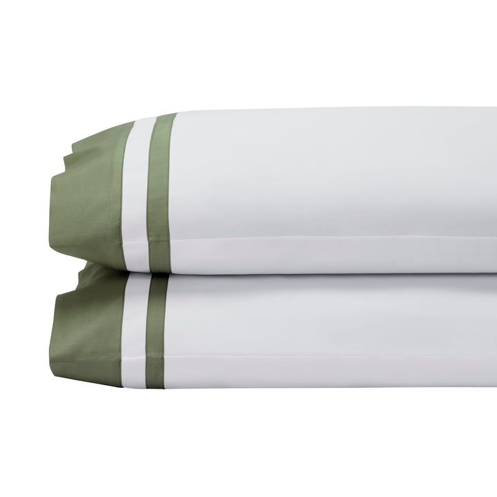 ASP-542-2032_1|Stacked pair of standard 100% cotton sateen pillowcases in white with a wide olive green border and two white stripes.