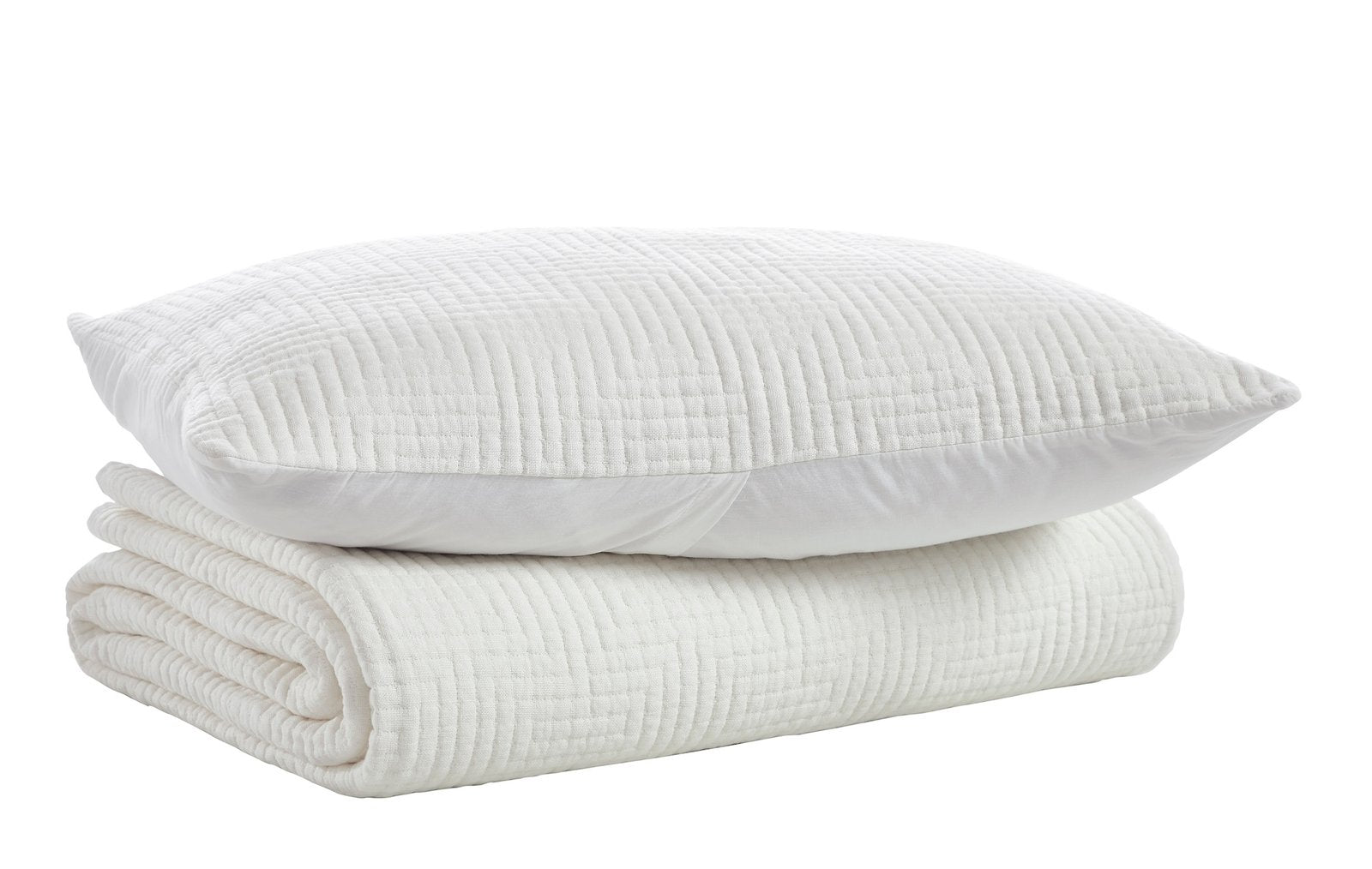 CL-199-9496_5|White quilted coverlet with a distinctive geometric maze pattern, folded neatly with a matching decorative pillow.