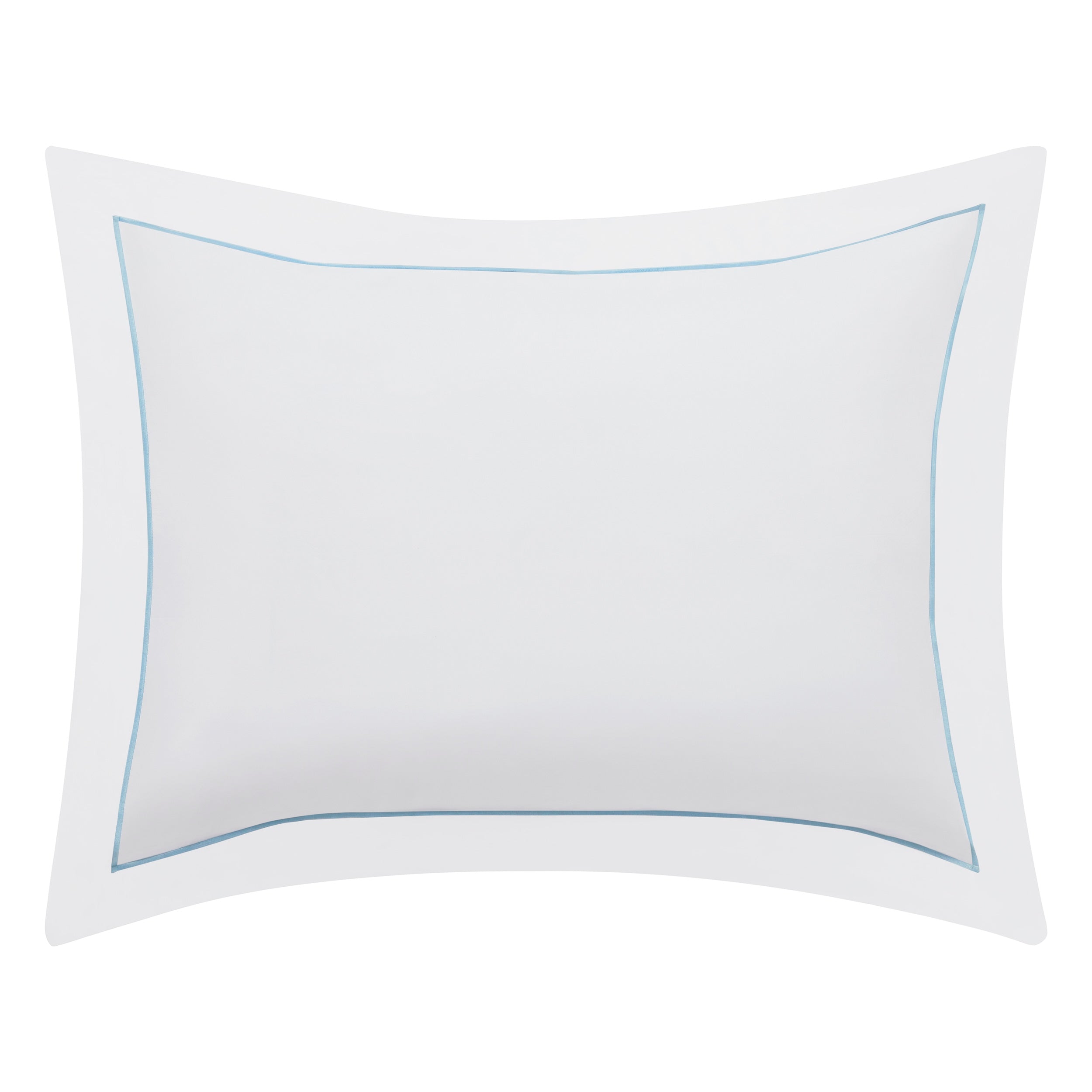 SS-055-2026_1|Crisp white cotton sateen pillow sham with elegant light blue embroidered border, a perfect complement to duvet covers.