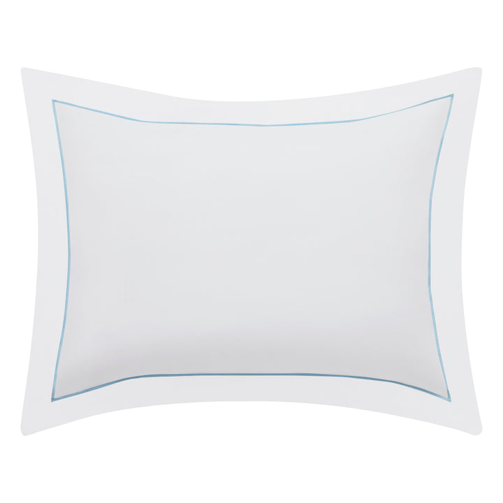 SS-055-2026_1|Crisp white cotton sateen pillow sham with elegant light blue embroidered border, a perfect complement to duvet covers.