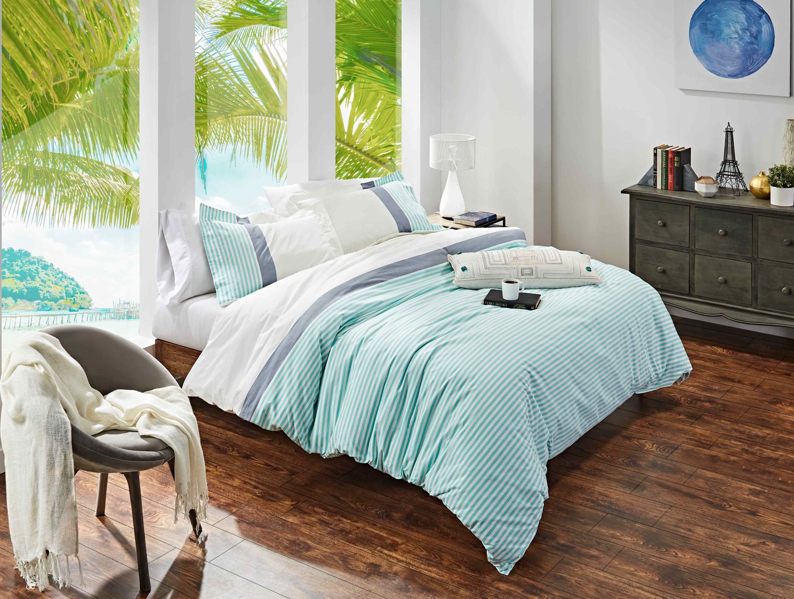 DT-001C-6588_4|Striped aqua and white duvet cover set, offering serene coastal bedroom decor. Features soft bedding, plush pillows, and beach views.