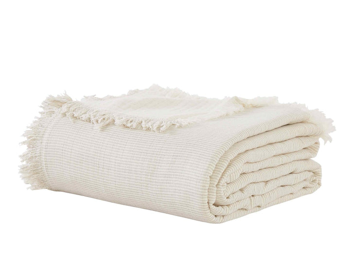 BT-114-11096_4|Neatly folded cream and white striped throw blanket with fringe, soft woven texture, perfect for decorative styling.