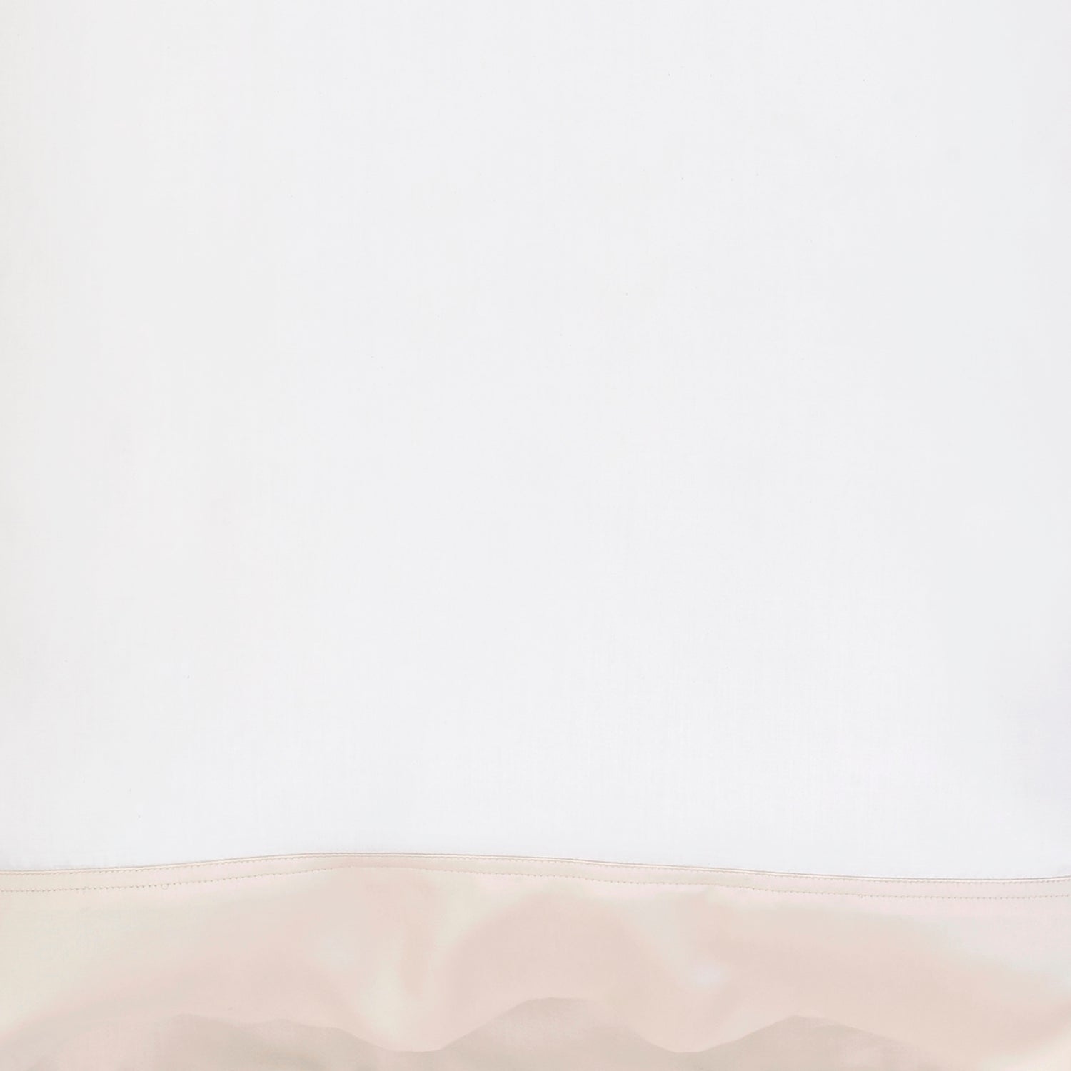 SWT-512-X_1|Clean white fabric with a subtle blush pink satin trim, ideal for elegant bed skirts or decorative pillow accents.
