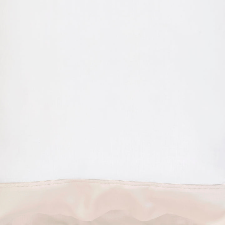 SWT-512-X_1|Clean white fabric with a subtle blush pink satin trim, ideal for elegant bed skirts or decorative pillow accents.