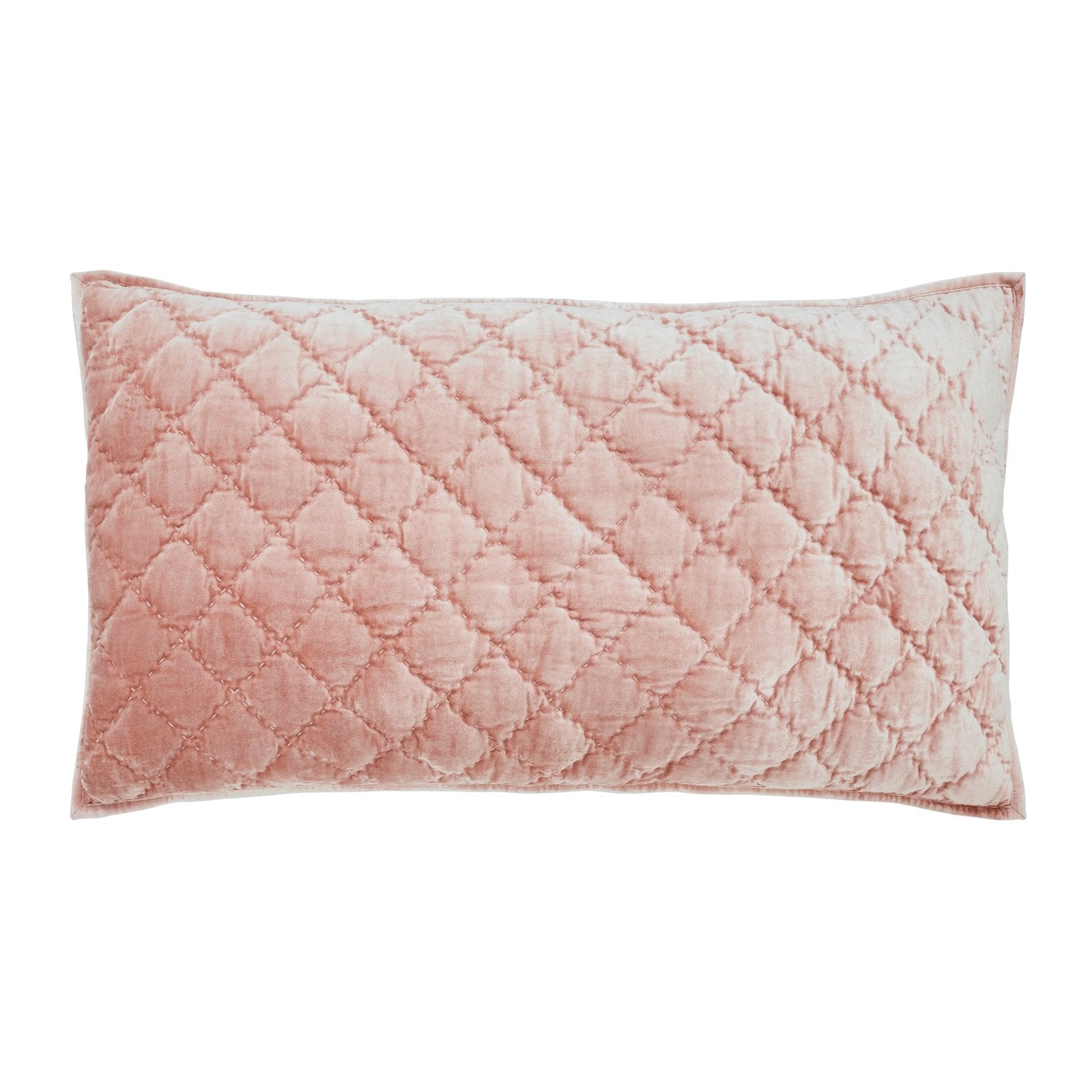KS-355-2036_1|Blush pink velvet quilted throw pillow with diamond pattern, adding luxurious texture and comfort to any bed or sofa.