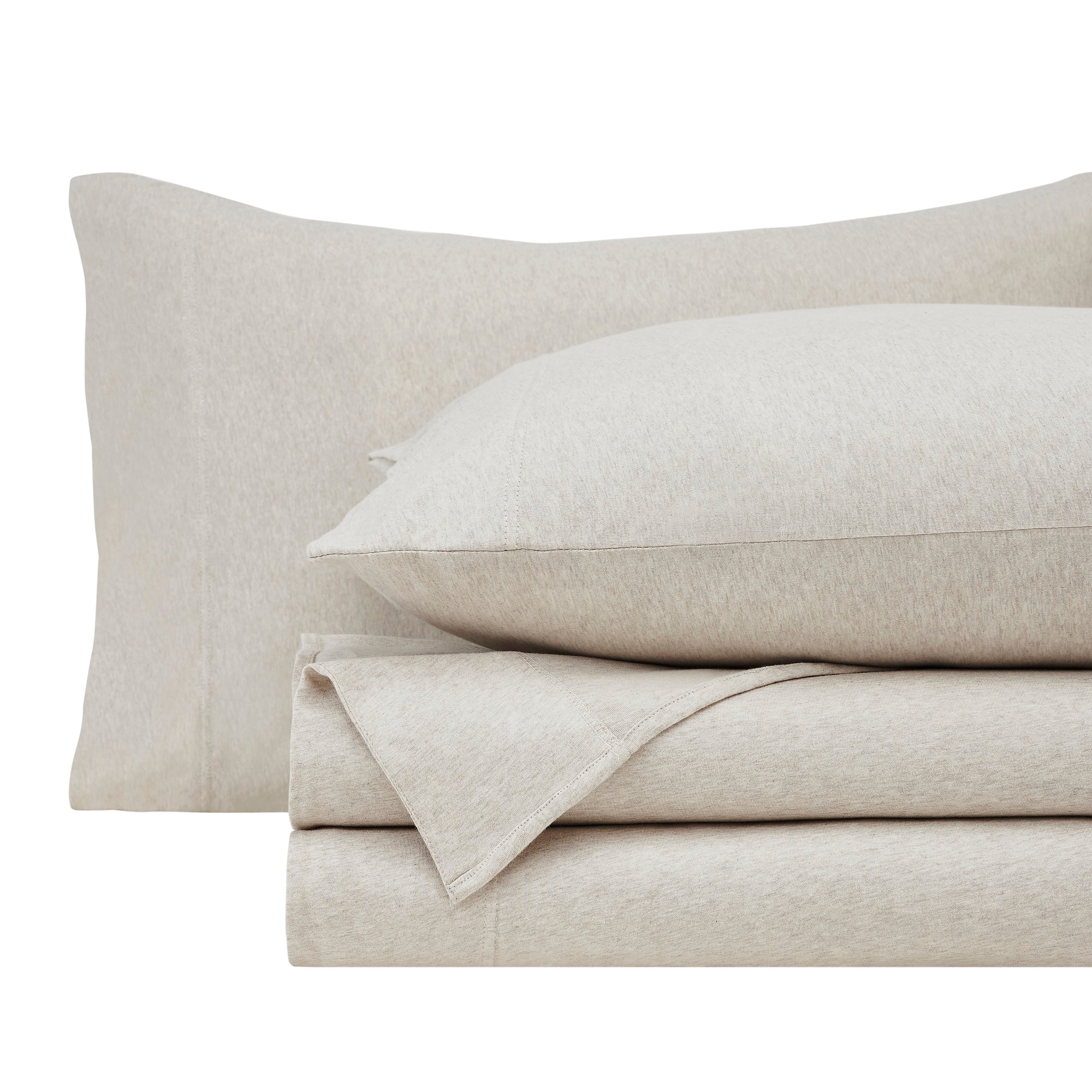 QSS-527-6080_5|Neatly folded oatmeal 100% cotton sheet set with pillowcases on a white background, ready for cozy sleep.
