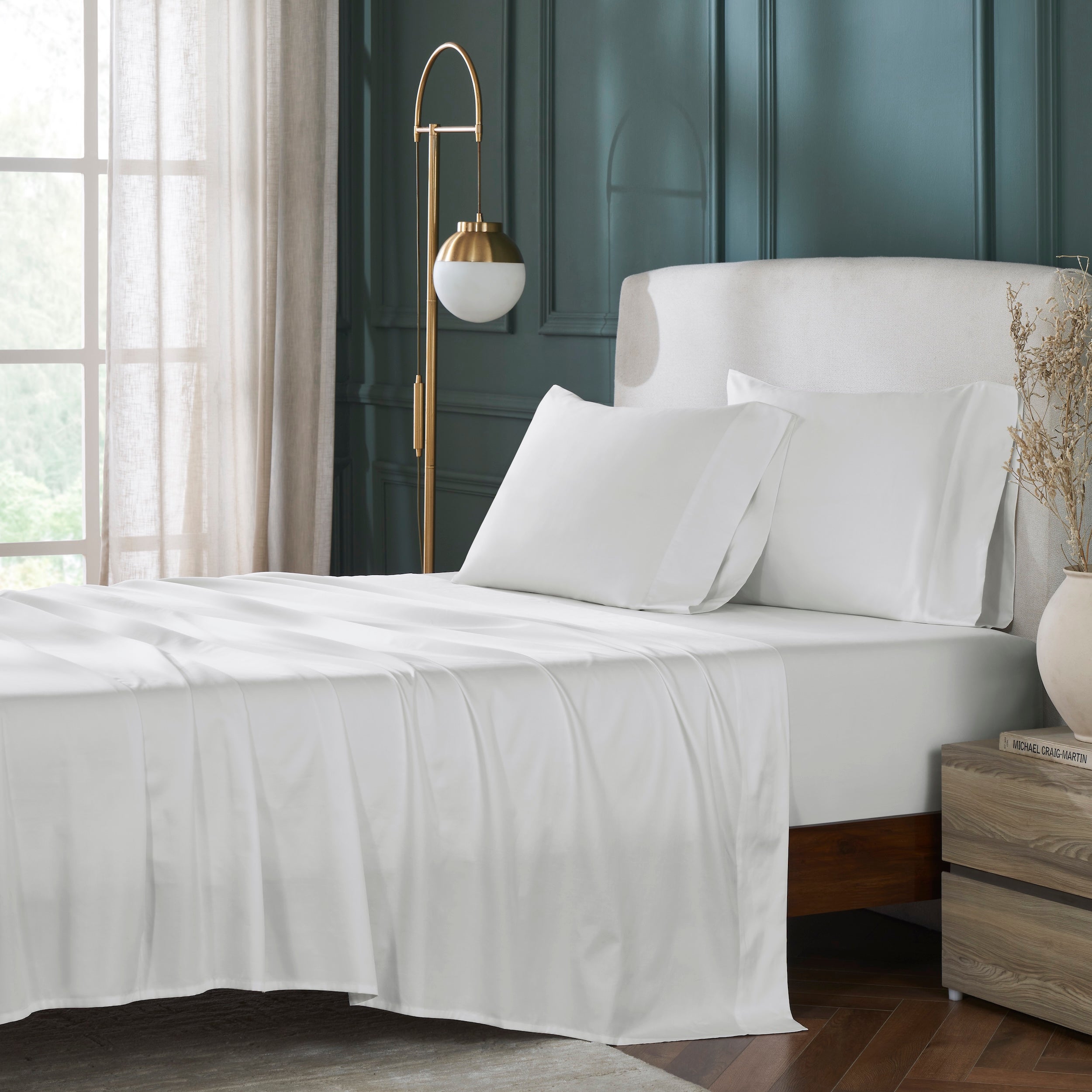 KSS-539-7880_1|White 100% cotton sheets set, soft and breathable luxury bedding. Includes flat sheet and two comfortable pillowcases.
