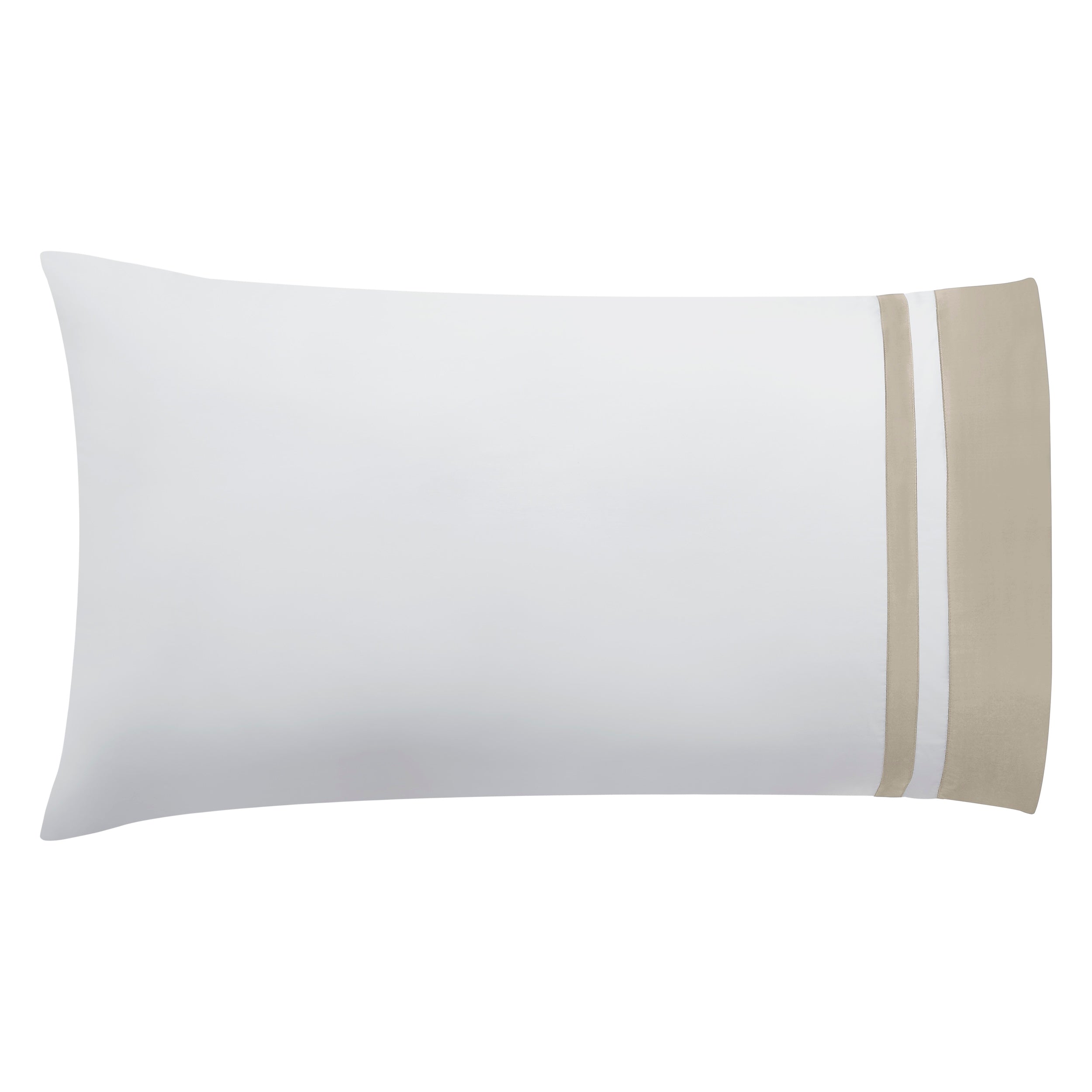 ASP-543-2032_3|Single standard 100% cotton sateen pillowcase in white, accented with a wide beige border and dual white stripes.