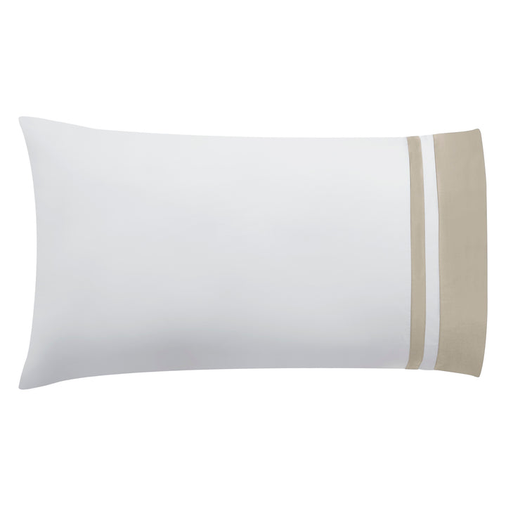 ASP-543-2032_3|Single standard 100% cotton sateen pillowcase in white, accented with a wide beige border and dual white stripes.