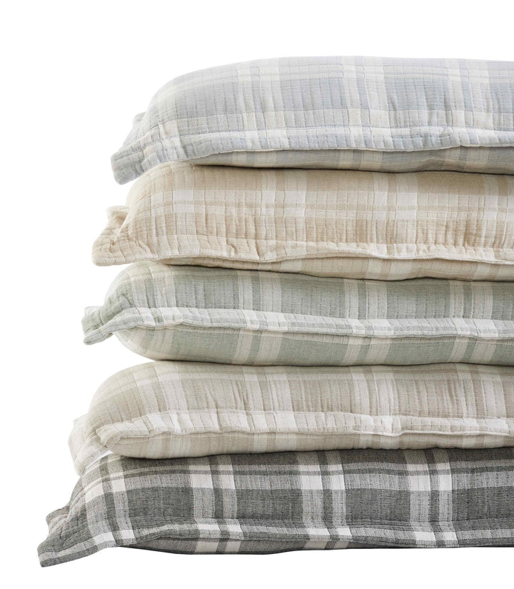 TP-116-X_2|Stack of five soft, plaid decorative throw pillows in muted tones, ideal for cozy bedroom or living room styling.