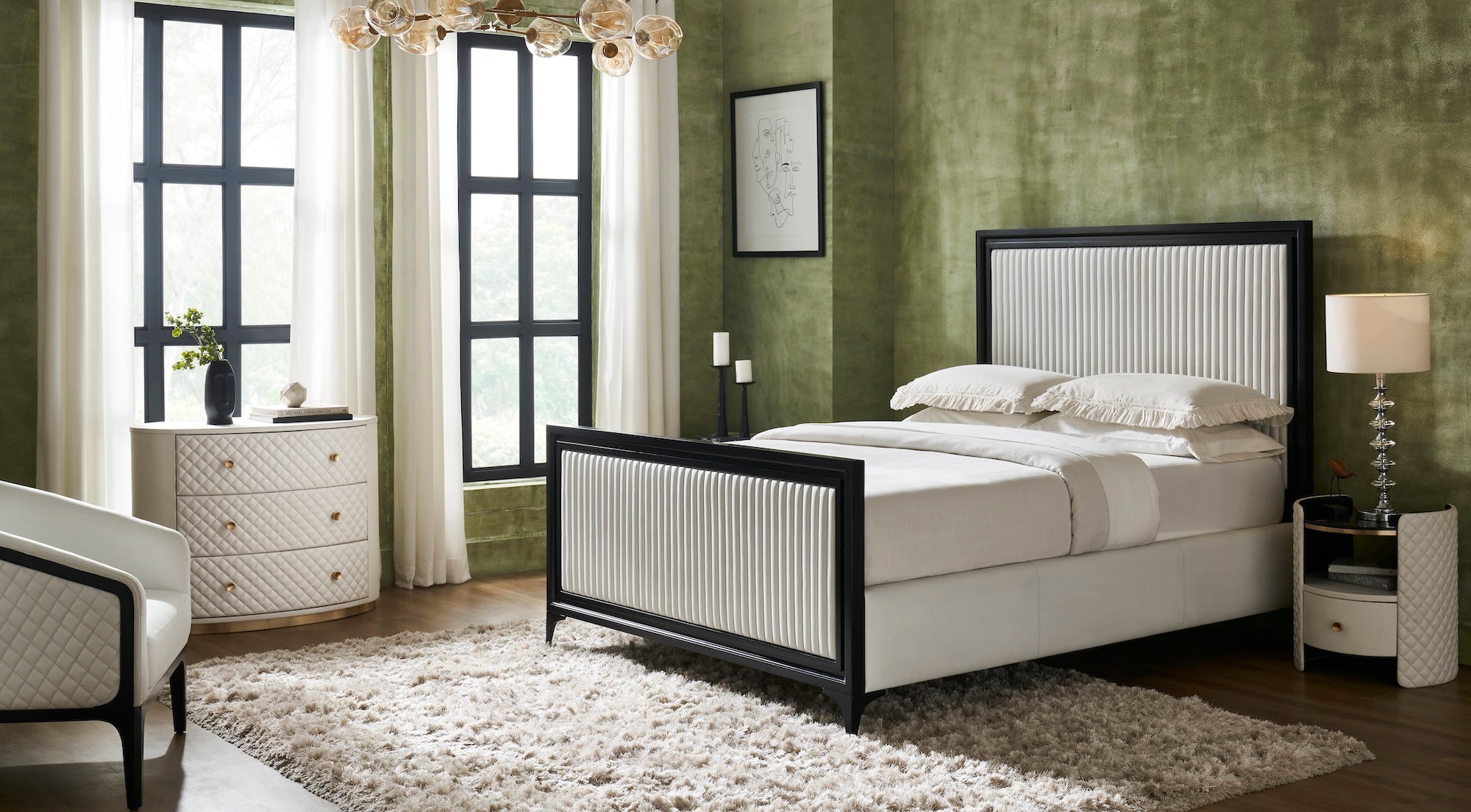 FN-5209-7680_3|Grand white leather upholstered bed with striking black wood frame and vertical panel headboard, creating a luxurious bedroom focal point.