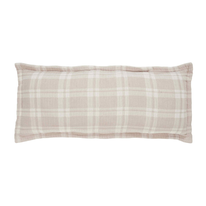 TP-118-1640_1|Cozy neutral plaid pillow featuring a soft, textured fabric and subtle pattern, ideal for a warm bedroom aesthetic.
