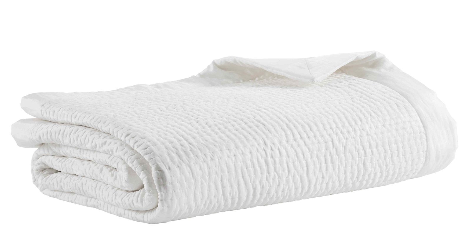CL-165-11096_3|Rolled white textured coverlet with a subtle gathered design and smooth satin trim, perfect for elegant bedroom comfort.