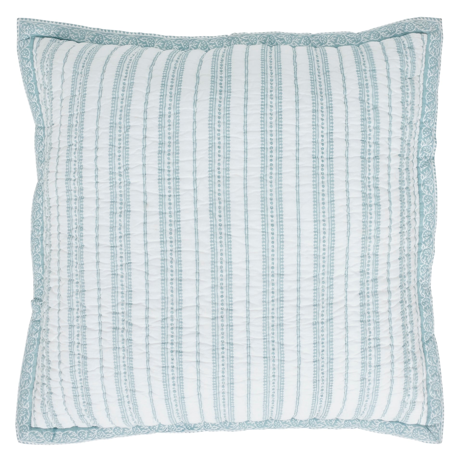 ES-347-2626_1|Light blue striped quilted pillow with elegant patterned border, soft and stylish bedroom accent for comfort.