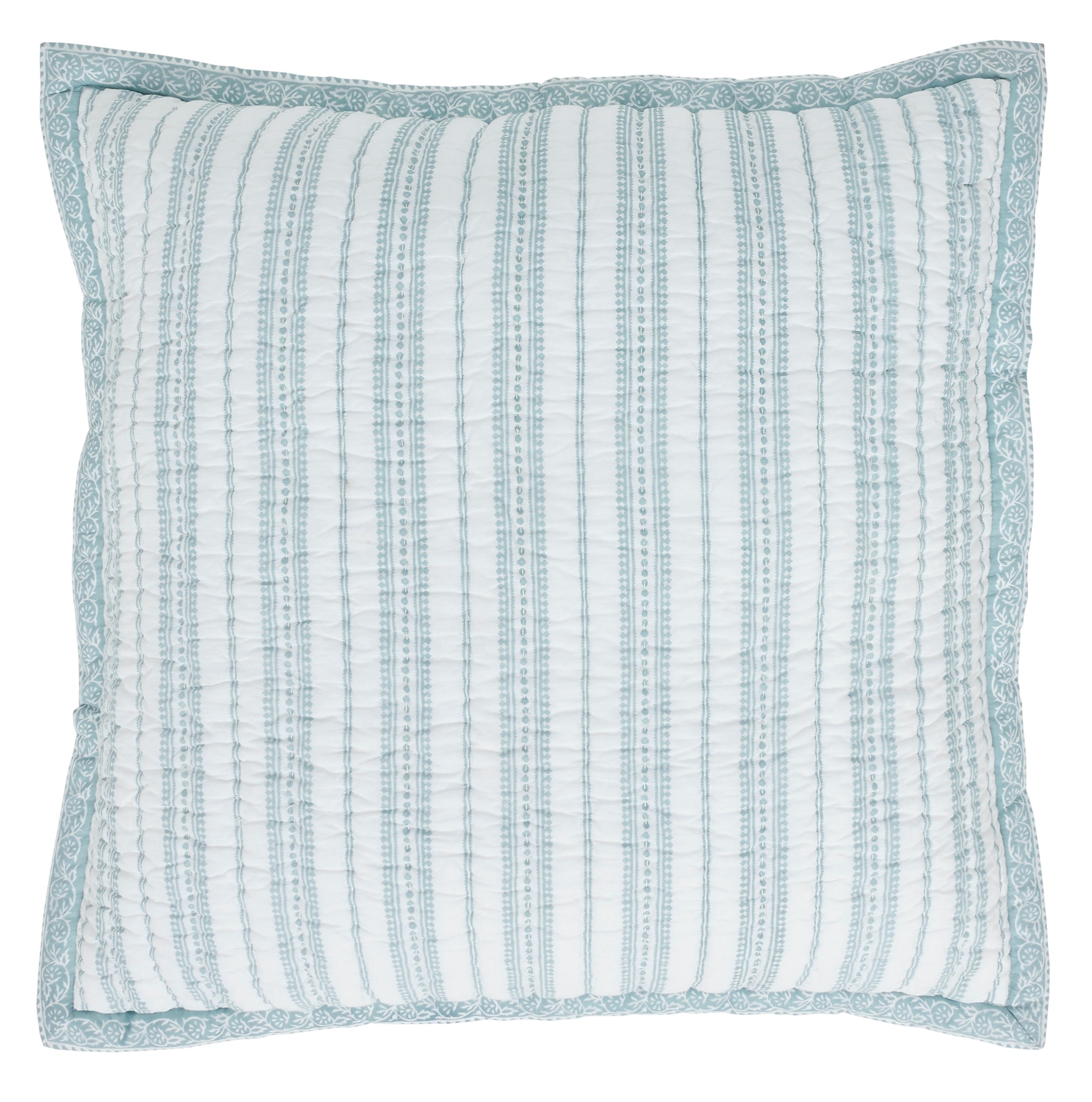 ES-347-2626_1|Light blue striped quilted pillow with elegant patterned border, soft and stylish bedroom accent for comfort.