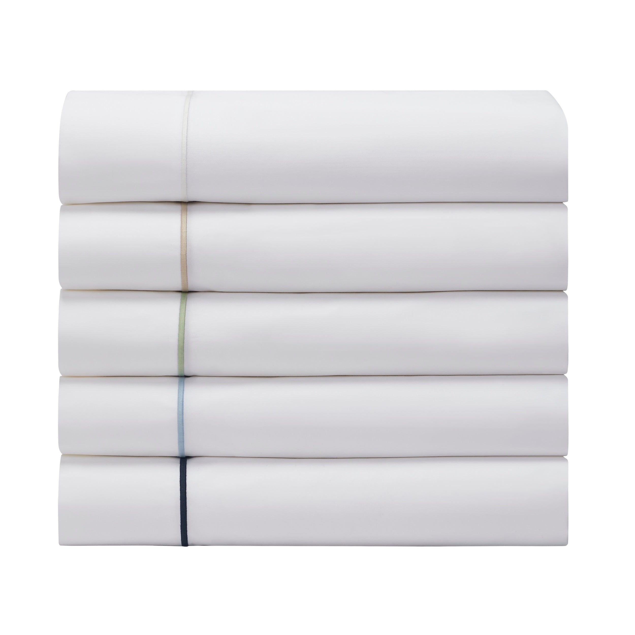 TFL-530-3980_6|Stack of five neatly folded white 100% cotton sheets with varied colored piping, showcasing diverse luxurious bedding.
