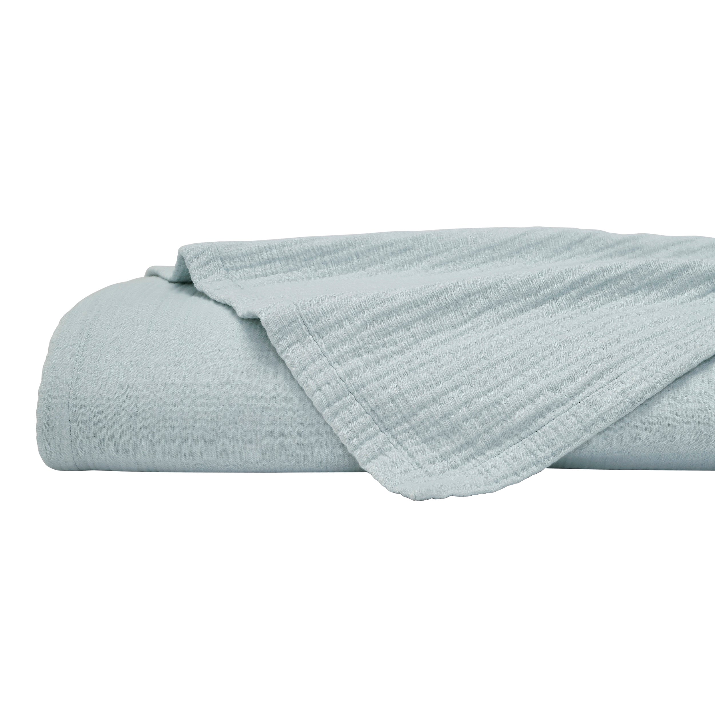 BL-863-9496_8|Rolled light blue gauze blanket, soft and breathable, perfect for cozy bedding. Aqua textured cotton throw for bedroom comfort.