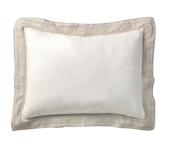 SS-009-2026_1|White pillow sham with intricate patterned border, a stylish accessory to complement a matching duvet cover set.