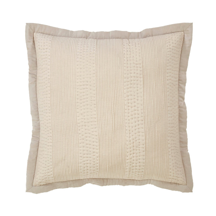 ES-164-2626_1|Neutral beige square quilted coverlet sham with a refined light grey border, enhancing classic bedroom aesthetics.
