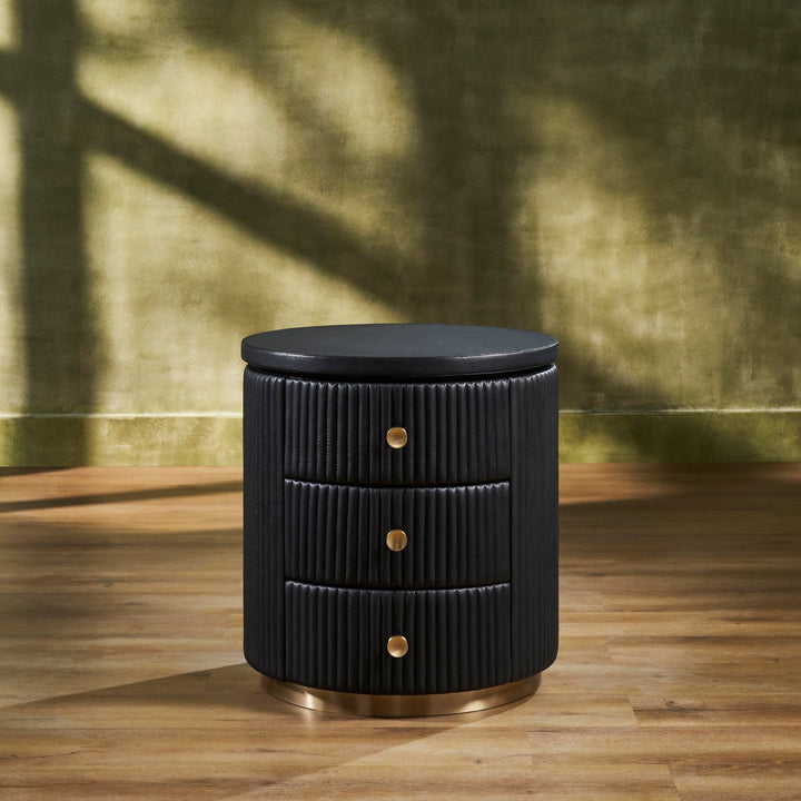 FN-5212-X_1|Luxurious round black nightstand with three textured drawers, finished with elegant gold pulls, perfect for bedside storage.