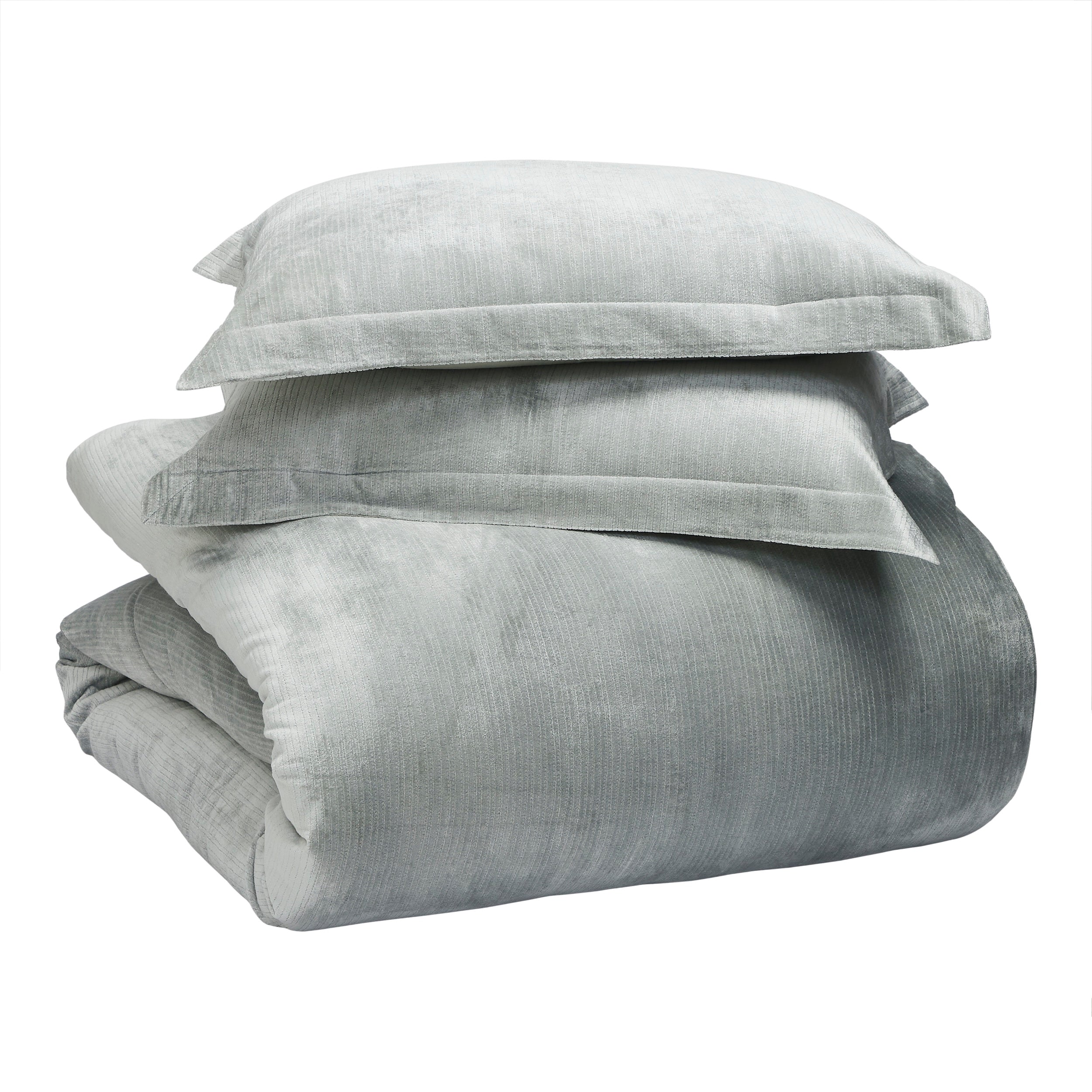 SS-054-2026_4|Stacked luxurious soft grey velvet corduroy duvet cover and two matching pillow shams, perfect for plush bedroom decor.