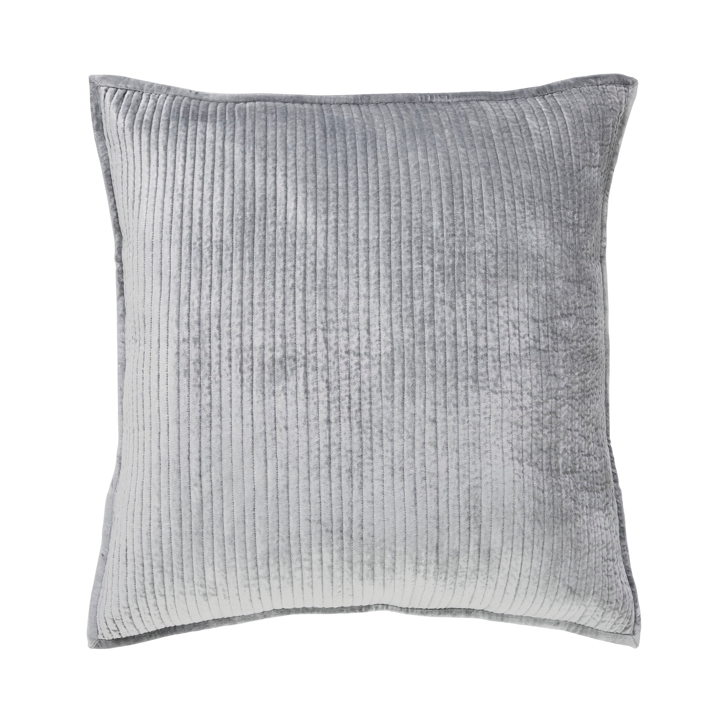 ES-169-2626_1|Sophisticated light grey coverlet bed pillow sham, square design, textured velvet fabric with fine vertical ribbed stitching.