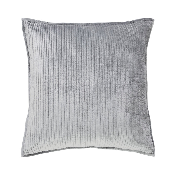 ES-169-2626_1|Sophisticated light grey coverlet bed pillow sham, square design, textured velvet fabric with fine vertical ribbed stitching.