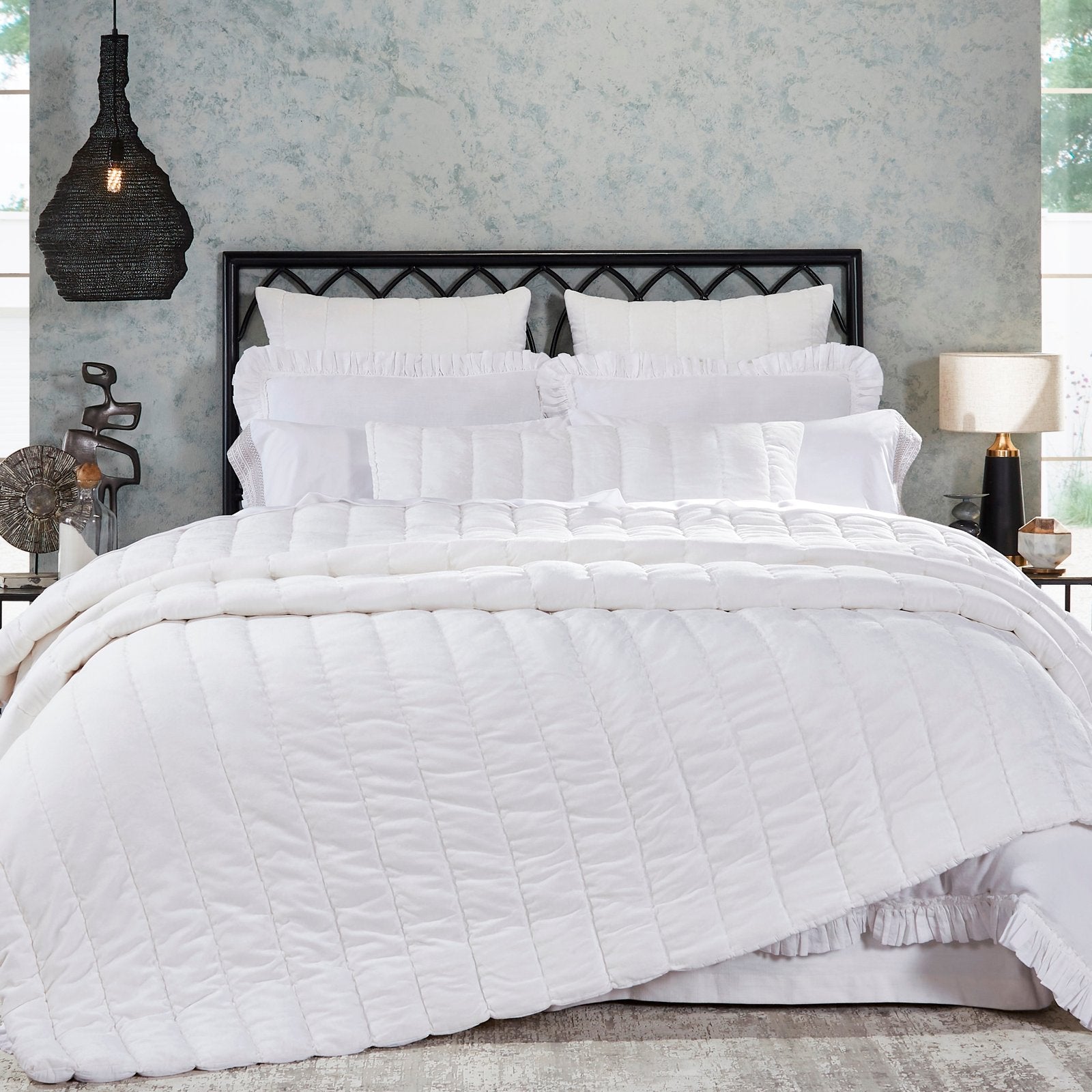 QT-337-11096_1|Crisp white quilted quilt adding luxurious comfort to a modern bedroom. Features a soft, textured finish for elegance.