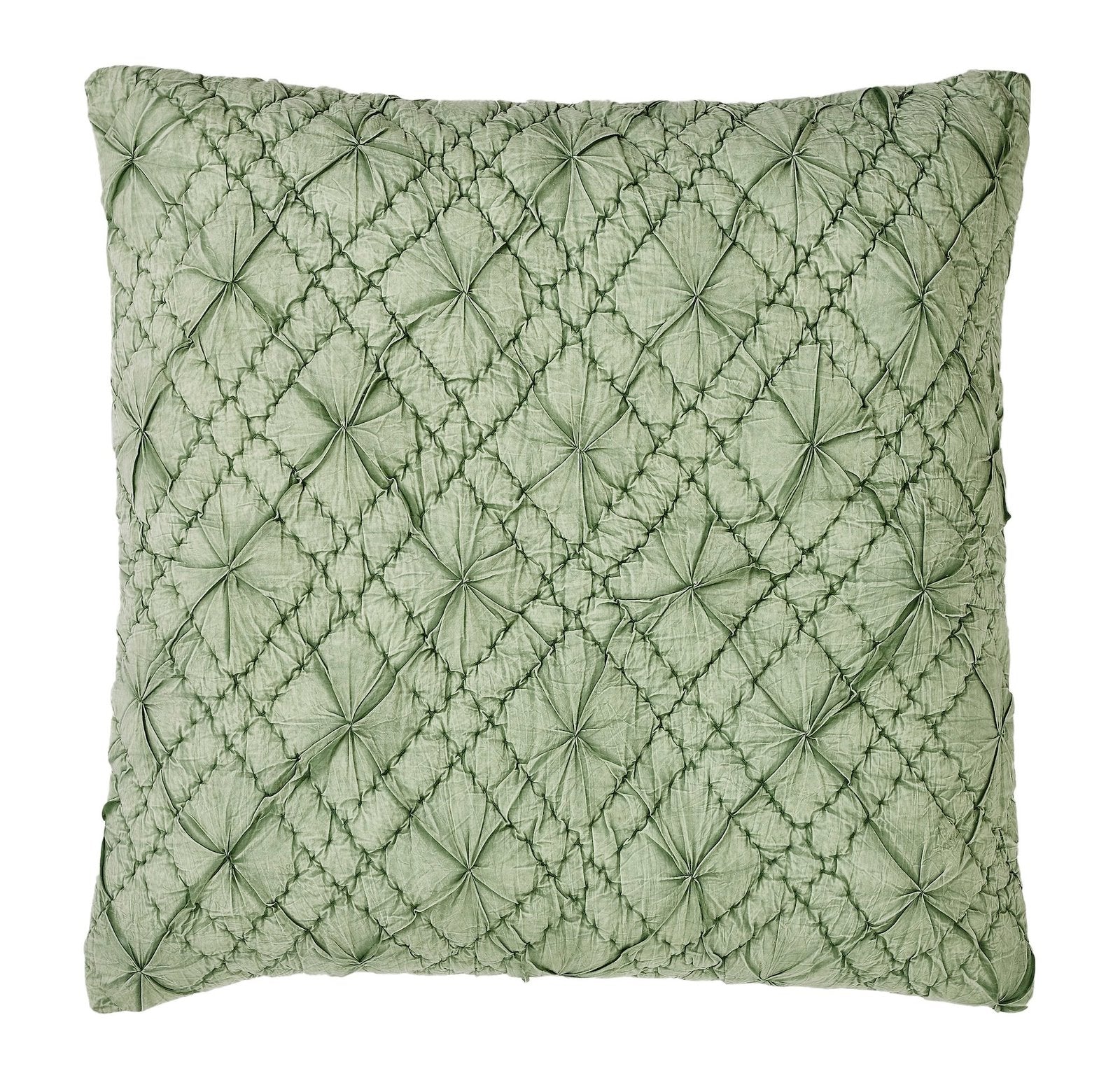 ES-366-2626_1|Stylish square green decorative pillow featuring a unique ruched and tufted texture, adding a chic, cozy accent to decor.