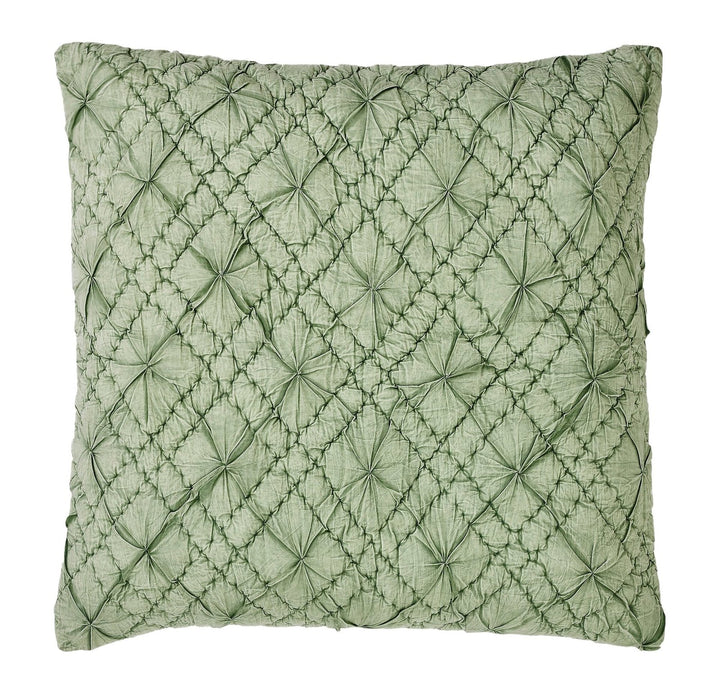 ES-366-2626_1|Stylish square green decorative pillow featuring a unique ruched and tufted texture, adding a chic, cozy accent to decor.