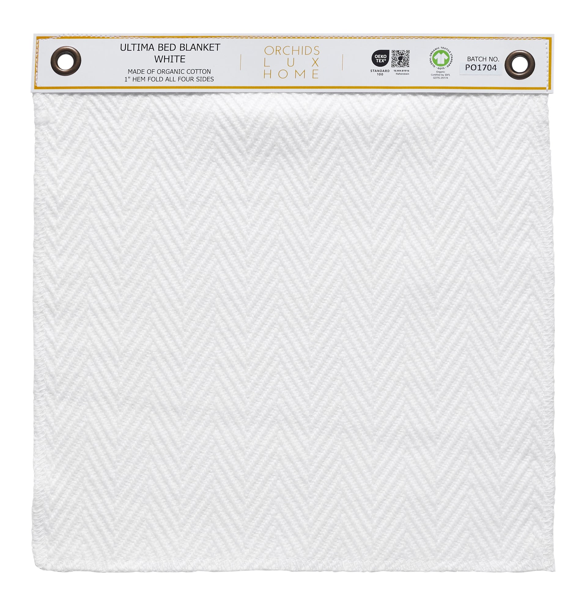 SWT-865-1010_1|Organic cotton Ultima bed blanket swatch in white, featuring elegant herringbone texture, perfect for serene bedroom.
