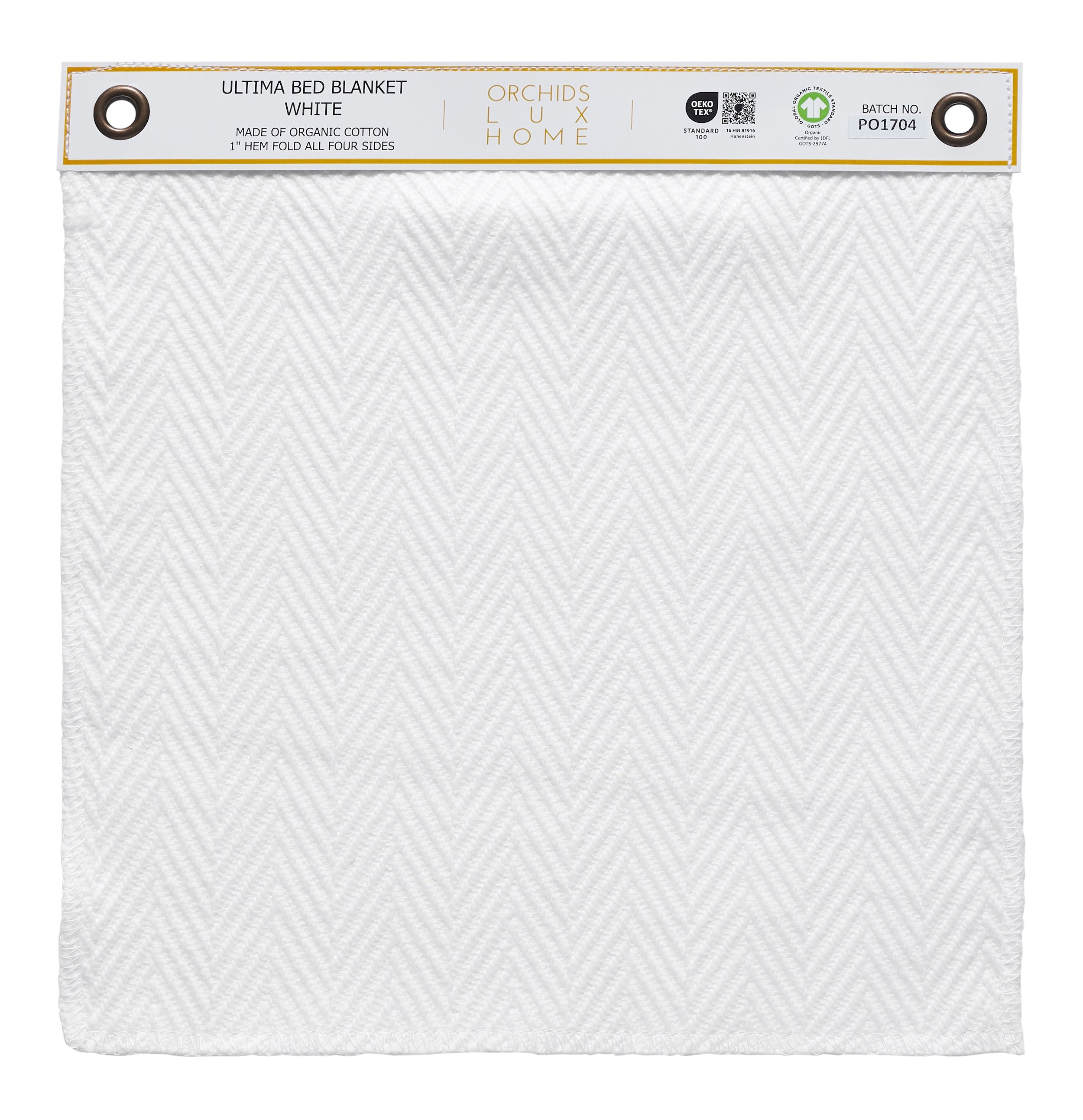 SWT-865-1010_1|Organic cotton Ultima bed blanket swatch in white, featuring elegant herringbone texture, perfect for serene bedroom.