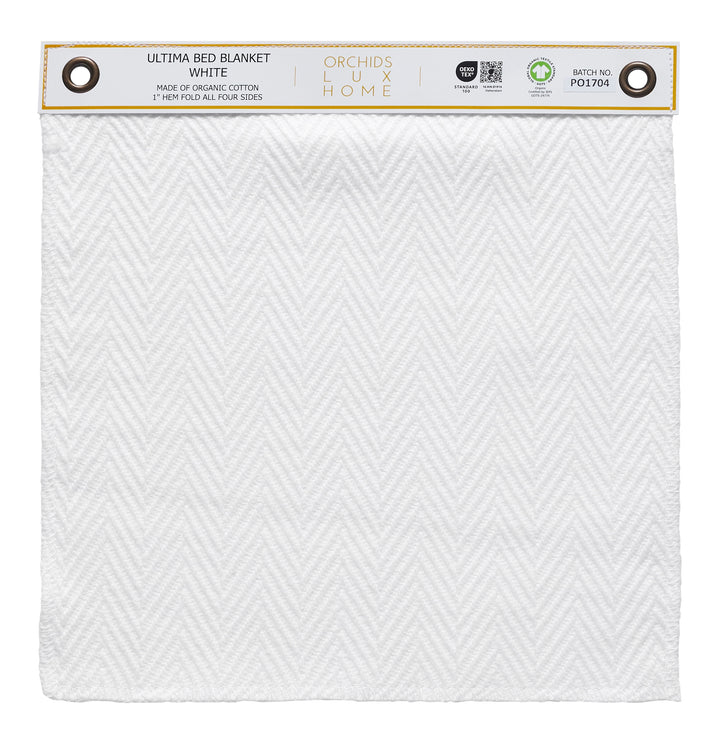 SWT-865-1010_1|Organic cotton Ultima bed blanket swatch in white, featuring elegant herringbone texture, perfect for serene bedroom.