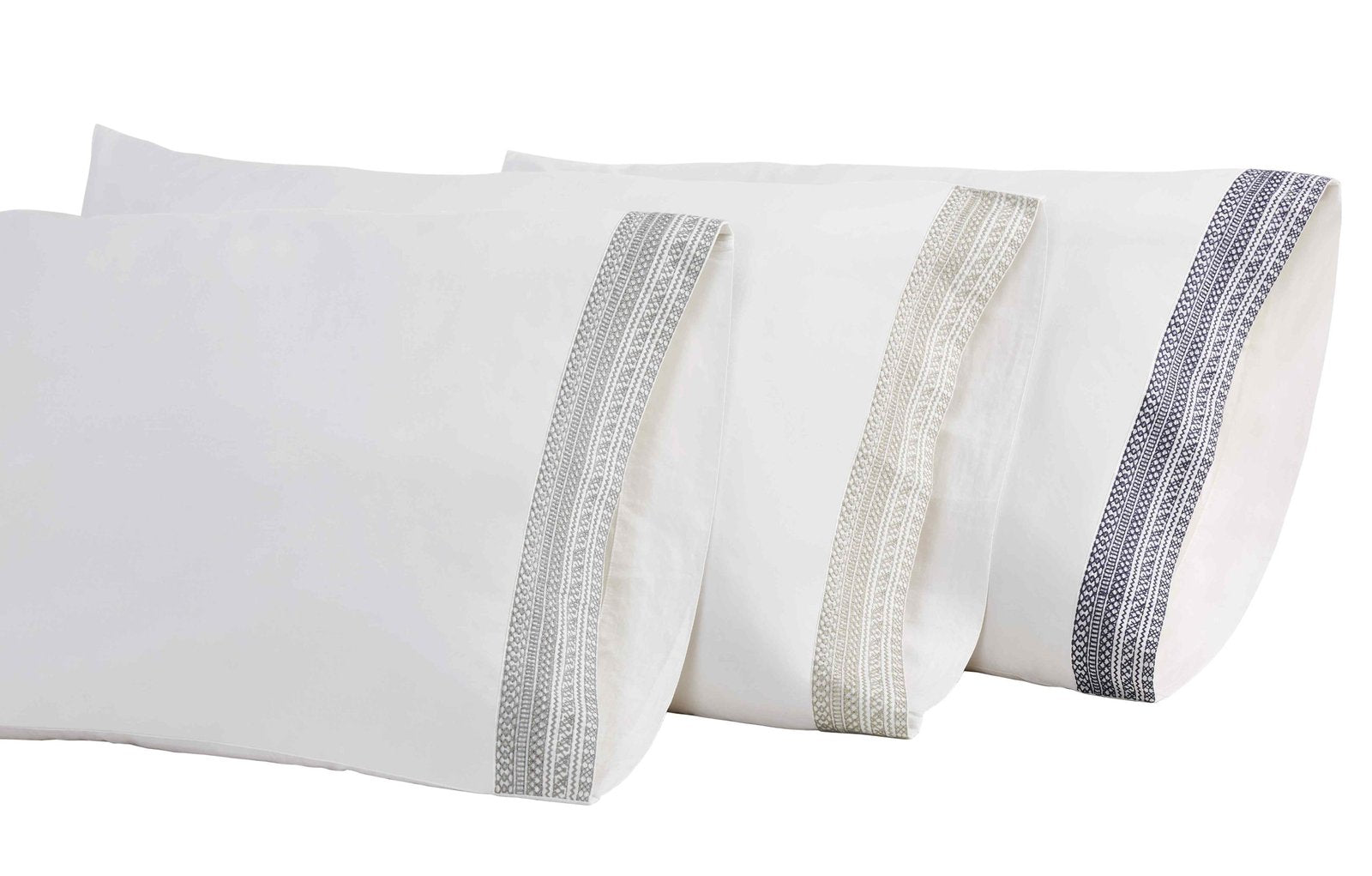 AKP-501-2040_2|Three premium 100% cotton pillowcases in crisp white with distinct geometric borders: grey, beige, and charcoal.