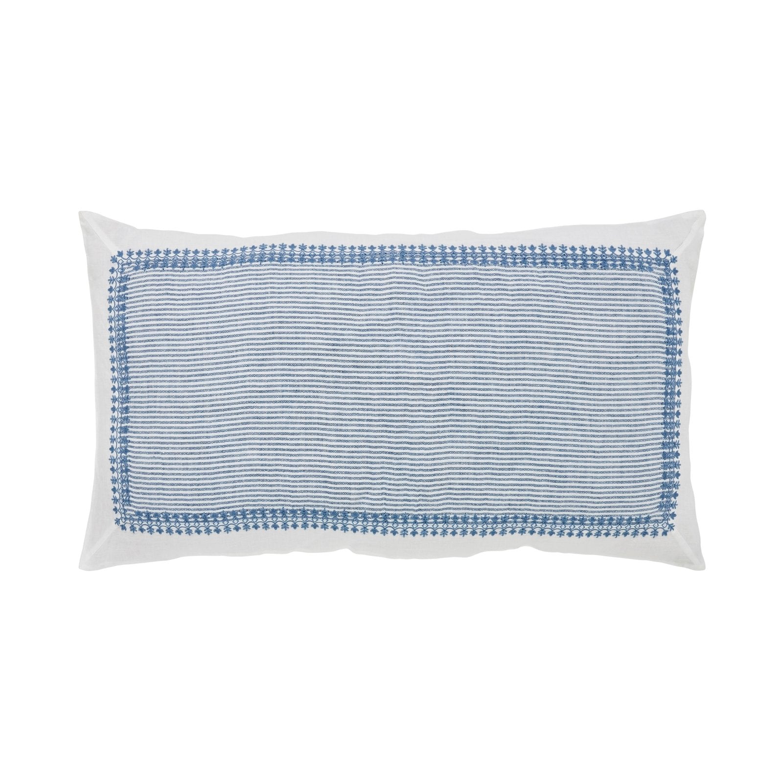KS-030-2036_1|White linen duvet cover featuring a bold blue embroidered geometric border and striped pattern for modern decor.