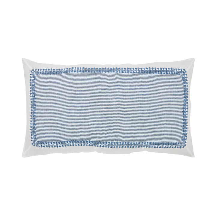 KS-030-2036_1|White linen duvet cover featuring a bold blue embroidered geometric border and striped pattern for modern decor.