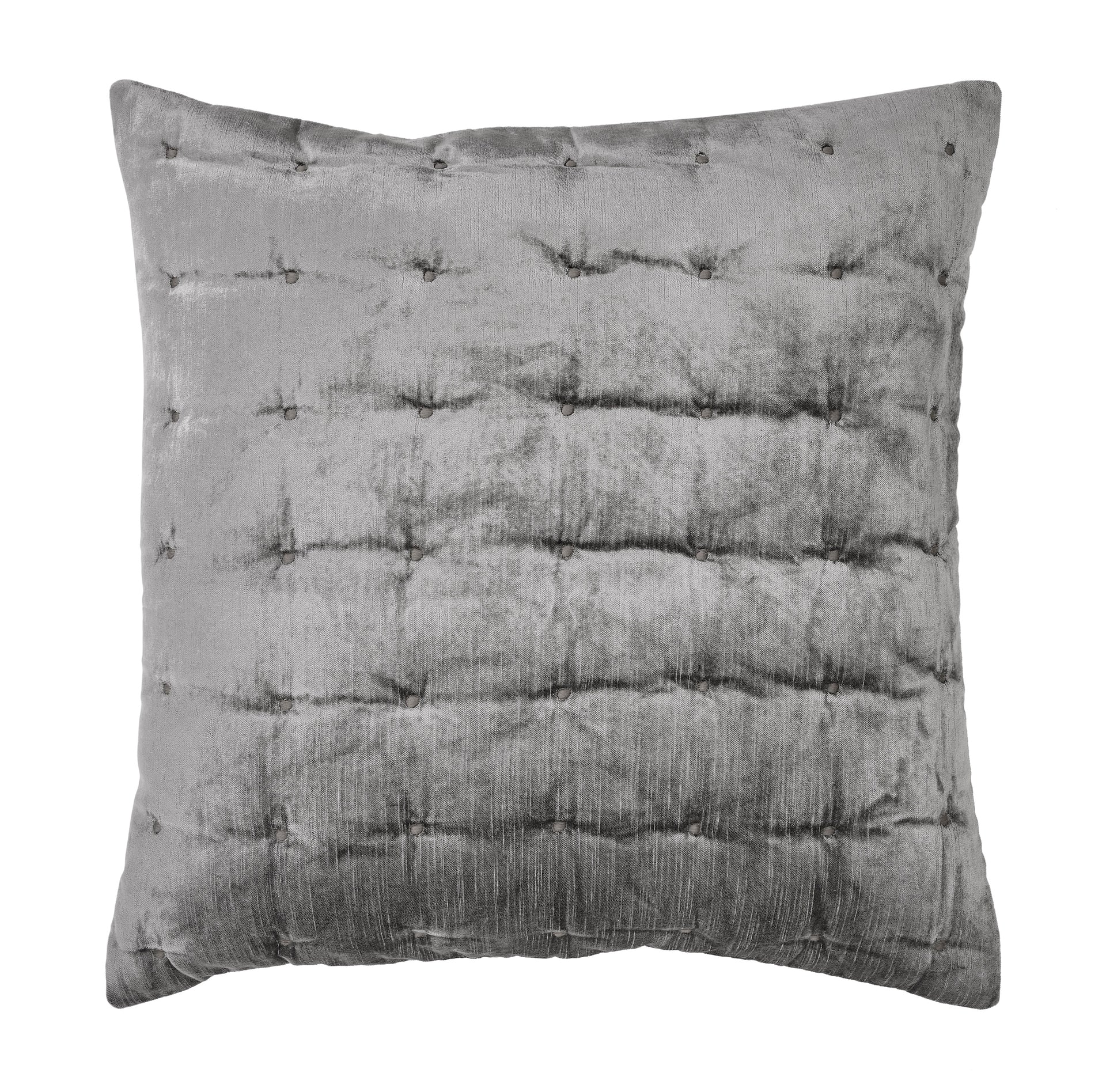 ES-306-X_1|Square grey velvet quilted pillow sham, featuring wide horizontal channels with small, evenly spaced tufted accents.