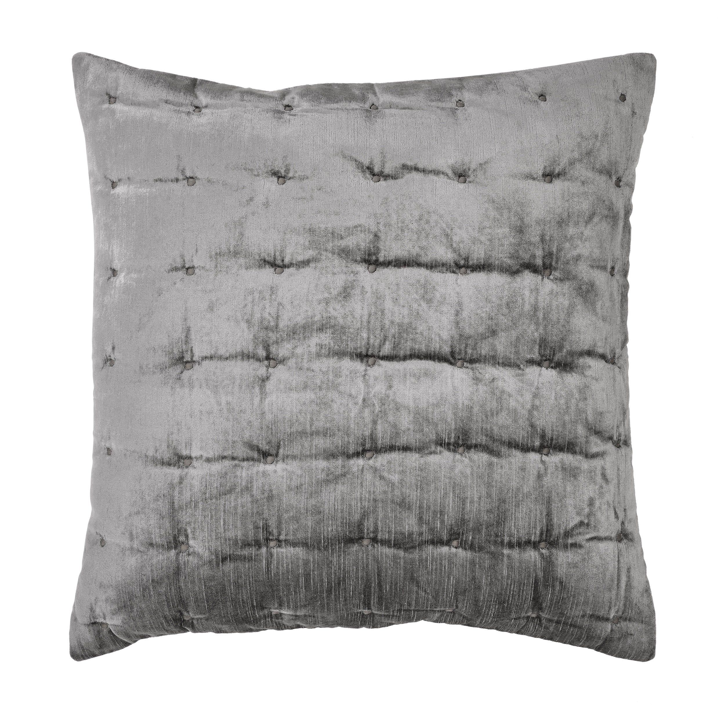 ES-306-X_1|Square grey velvet quilted pillow sham, featuring wide horizontal channels with small, evenly spaced tufted accents.