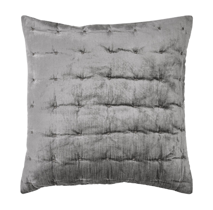 ES-306-X_1|Square grey velvet quilted pillow sham, featuring wide horizontal channels with small, evenly spaced tufted accents.