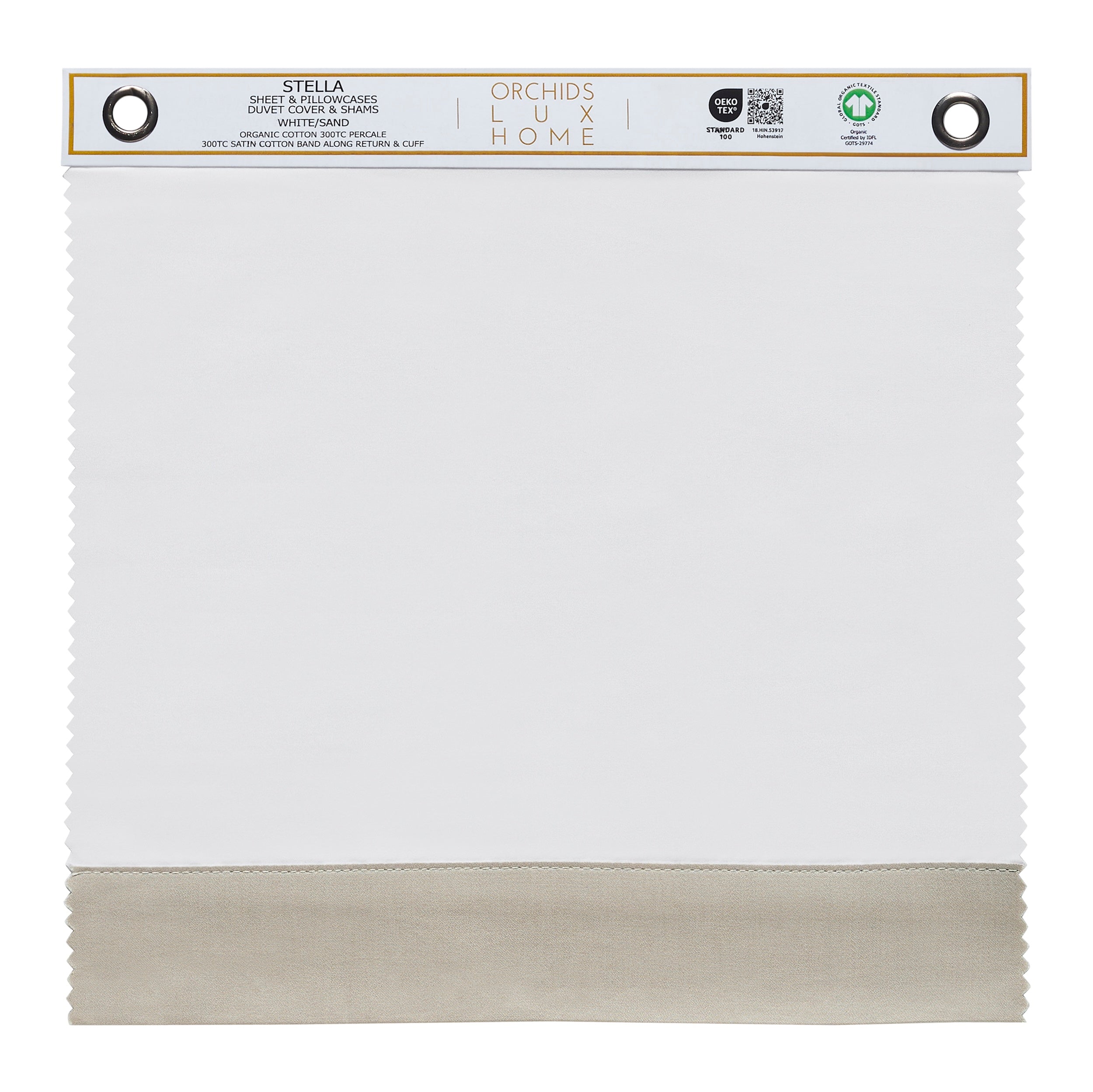 SWT-543-1010_1|Organic cotton percale Stella sheet swatch, 300TC, white/sand, with satin cotton band, GOTS certified premium bedding.