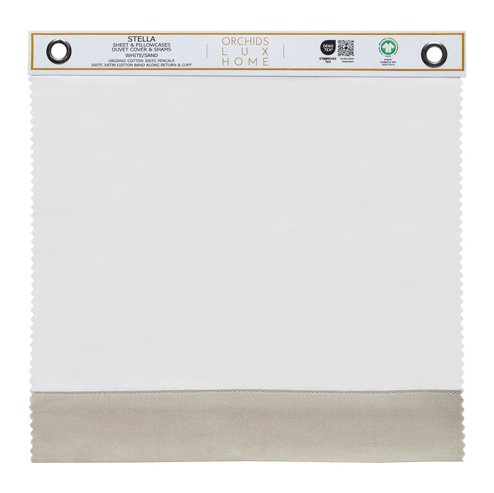 SWT-543-1010_1|Organic cotton percale Stella sheet swatch, 300TC, white/sand, with satin cotton band, GOTS certified premium bedding.