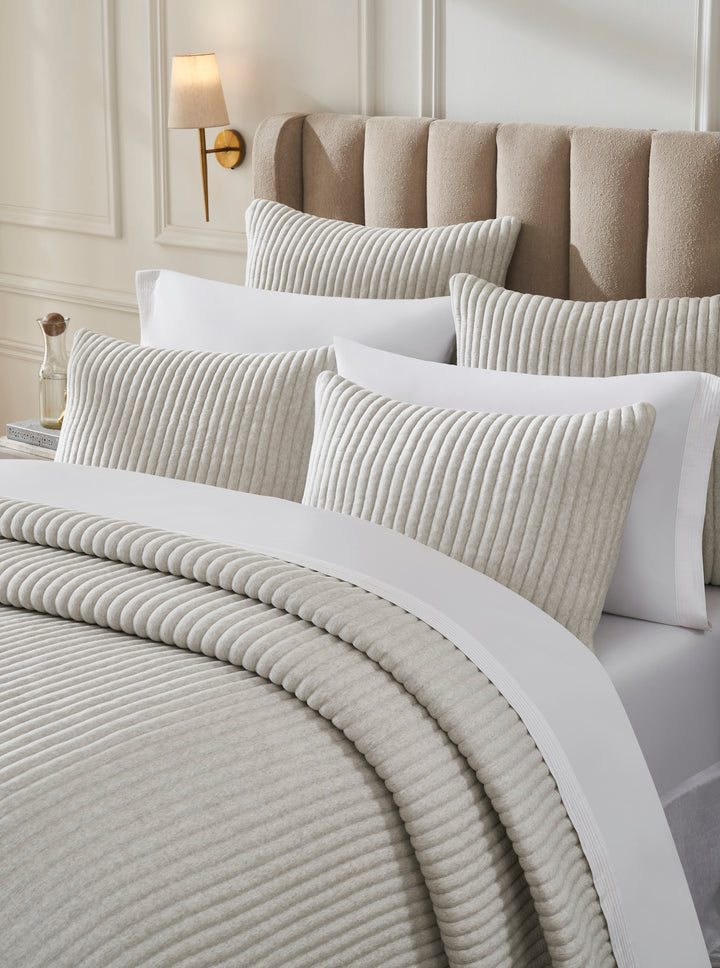 QT-375-11096_3|Luxurious light grey ribbed quilt set, soft textured bedding for a modern bedroom. Includes quilt and matching pillows.
