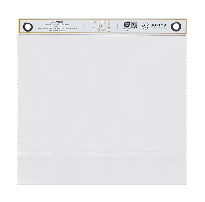 SWT-539-1010_1|100% Supima cotton Calvire sheets swatch, 400TC sateen, white, plain hem, OEKO-TEX certified for luxury.
